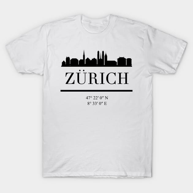 ZURICH SWITZERLAND BLACK SILHOUETTE SKYLINE ART T-Shirt by deificusArt